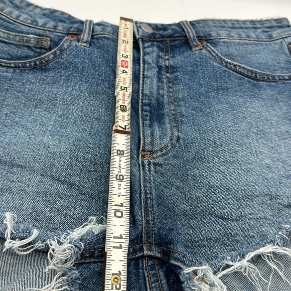 H & M Blue Denim Frayed Hem Women's Festival Shorts high waisted size 10 (A47) - Picture 3 of 8